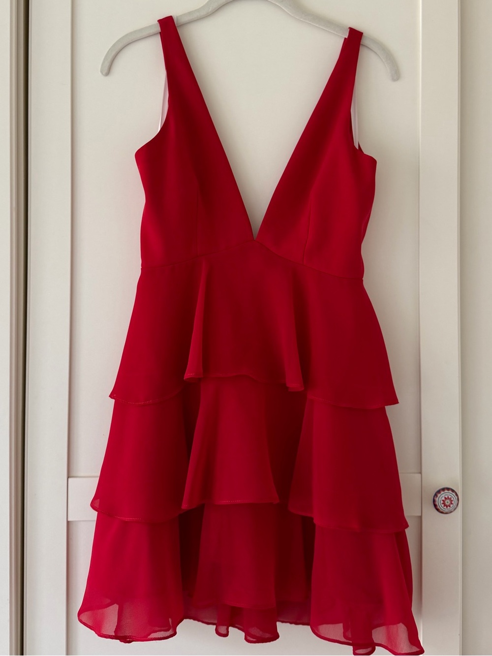 Privacy Please Red Tiered V-Neck Mini Dress